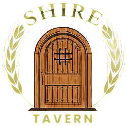 Logo featuring a wooden door with 'Shires Tavern' text and wheat decorations.