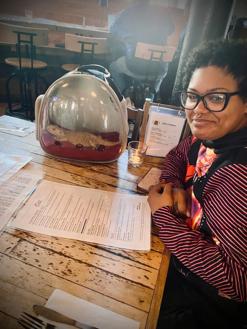 Person sitting at a wooden table with papers and a large glass dome.